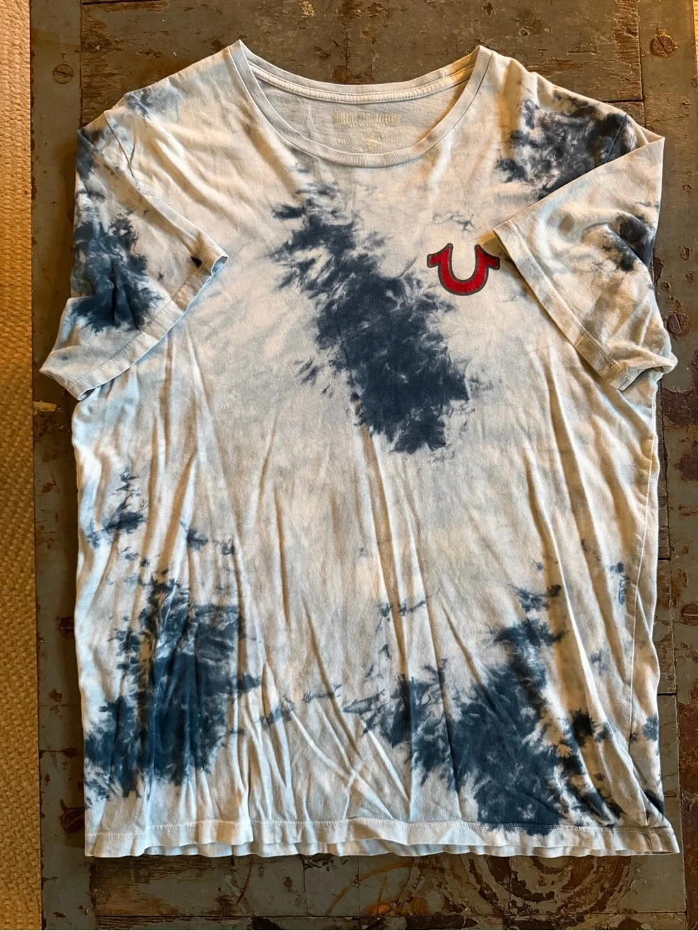 True Religion White & Navy Tie-Dye Short Sleeve Tee w Buddha Graphic on Back